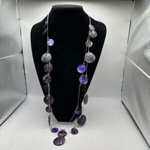 Purple Shell Disc Necklace With Silver Chain & Beads